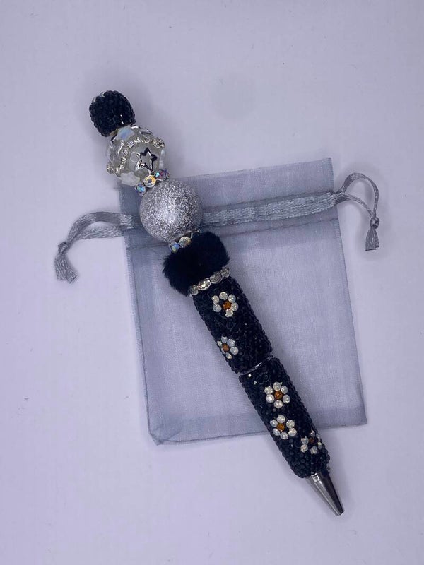 Rhinestone pen zwart zilver gebloemd met ster kraal