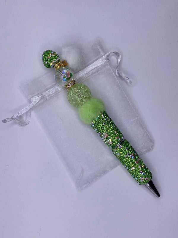 Rhinestone pen groen met pompom wit