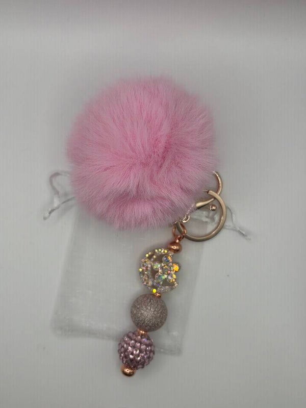 Sleutelhanger tashanger rosekleurig met fancy maan en pompom