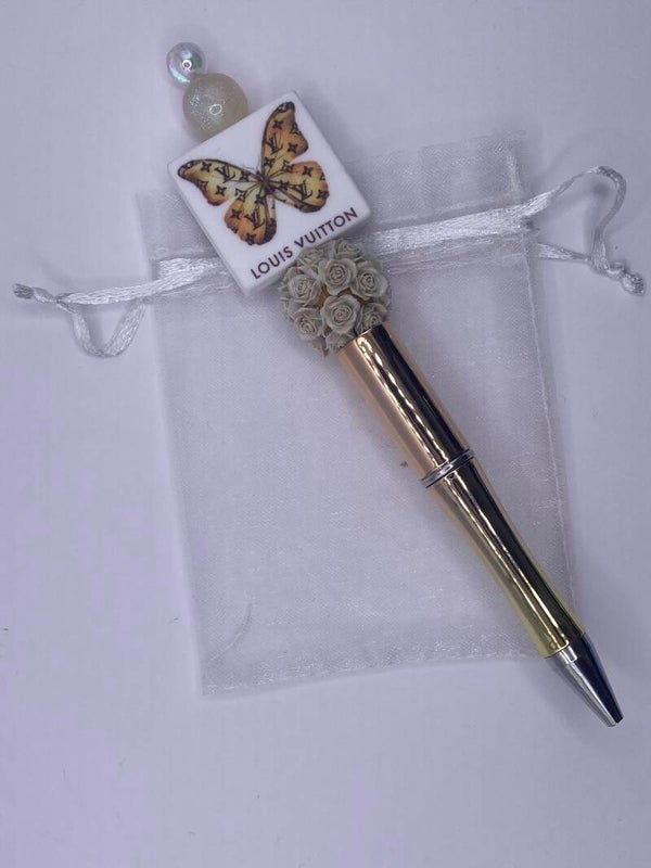 Designer pen met LV logo vierkant en bloemenkraal goudkleurige pen