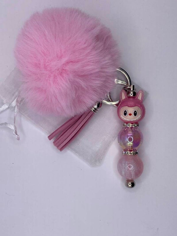 Sleutelhanger/tashanger Labubu roze met pompom