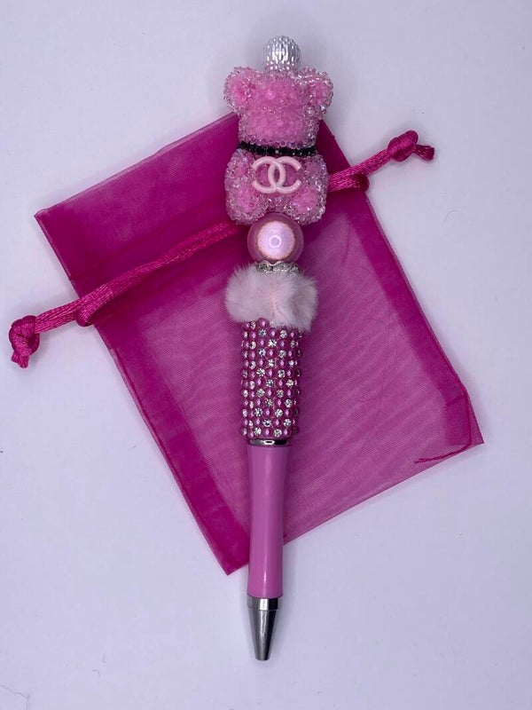 Pen roze glitter met suiker beertje CC