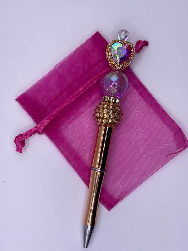 Pen fancy goudkleurig hart paars/roze