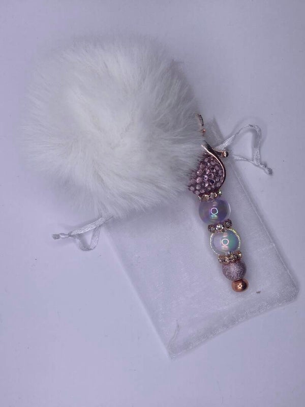 Sleutelhanger tashanger rosegoud met witte pompom