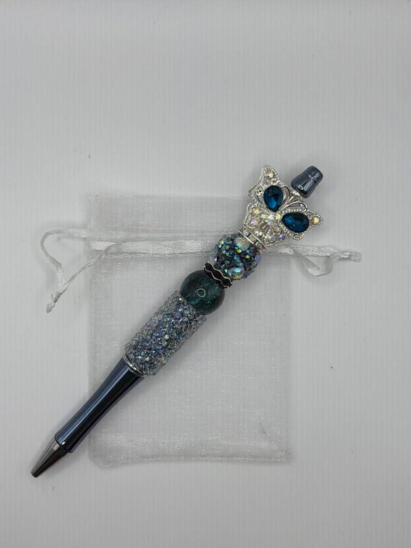 Pen metallic donkerblauw met vlinder topper