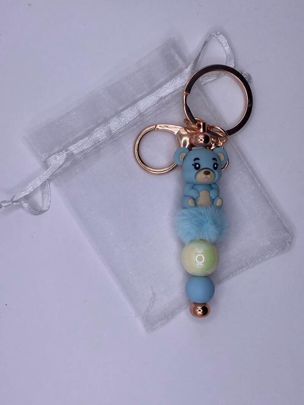 Sleutelhanger zilverkleurig met blauwe 3D beer