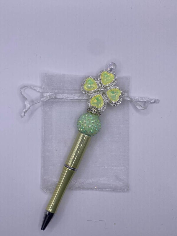 Pen salie groen met luxe bling geluksklaver