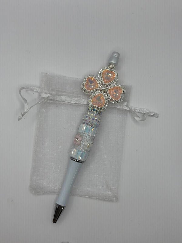Pen wit met bloemen en glitterrand met grote bloem topper