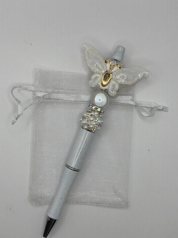Pen glitter wit met grote vlinder wit/goud