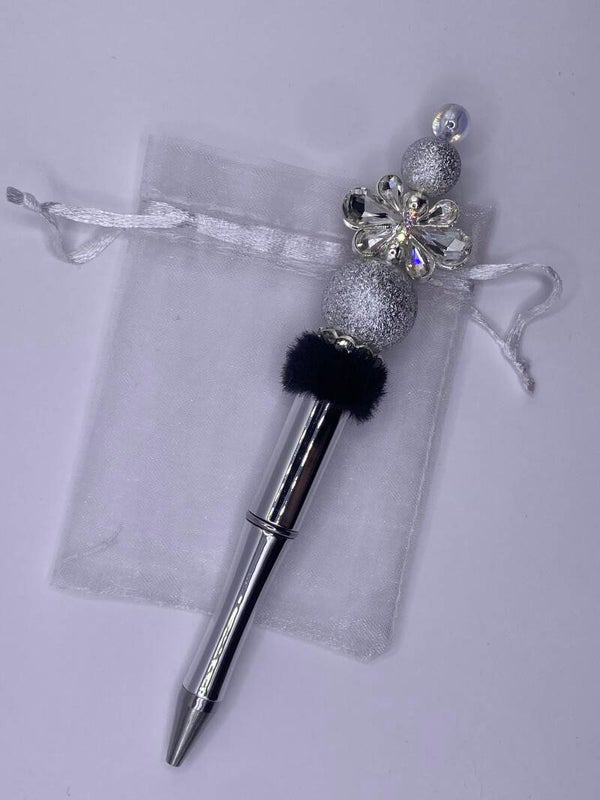 Pen zilvermetallic met zilver fancy strik