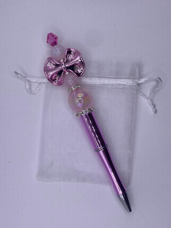 Pen roze metallic met metallic strikje