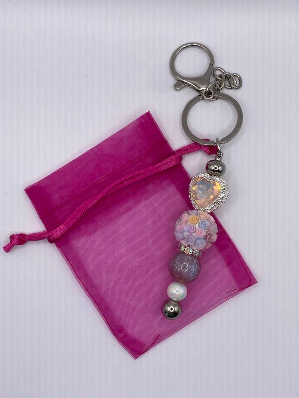 Sleutelhanger hart met rozen zilver