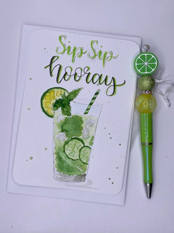 Set kaart en bijpassende pen Sip sip hooray