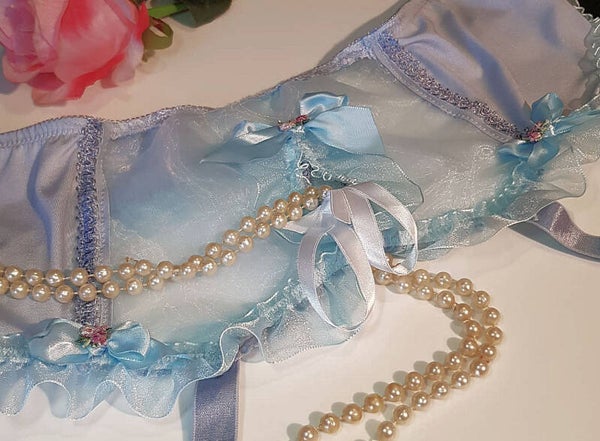 Adult Sissy 6 Strap Blue - White Garter belt - Shiny Organza Spandex & LACE - Adjustable Hook n Eye back closure,