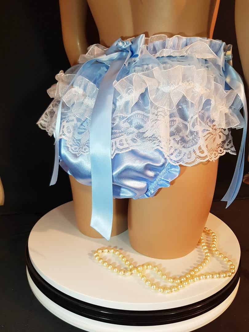 Nieuw in de winkel!!! Slechts één beschikbaar Sissy Luxury blauw Wit satijn gevoerde organza stroken tutu sissy onderbroek