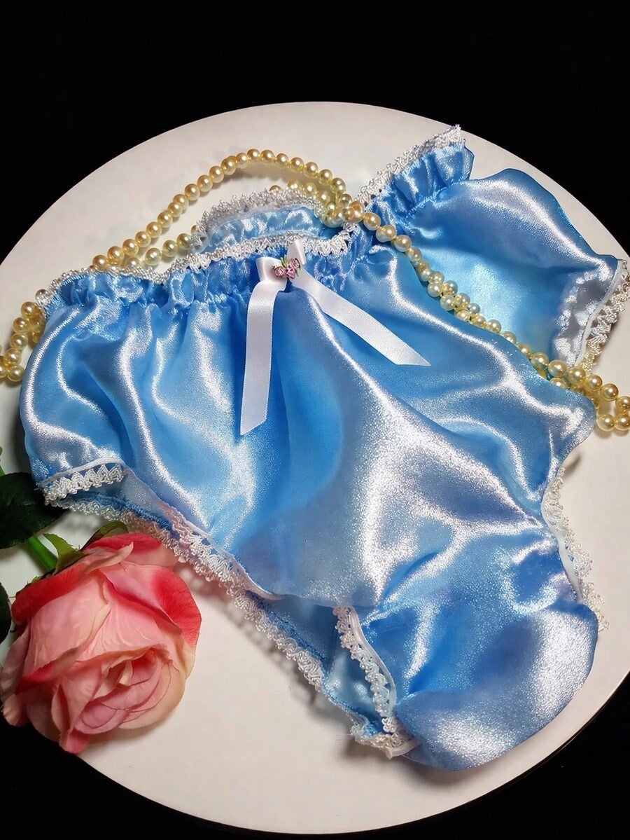 Luxury Baby Blue Satin Panties – Glossy Lace Trim Lingerie for Men
