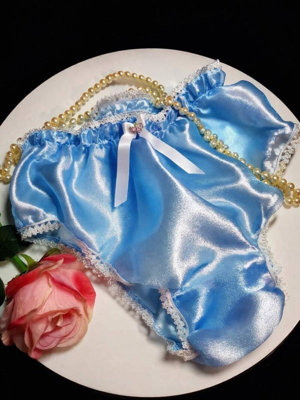 Luxury Baby Blue Satin Panties – Glossy Lace Trim Lingerie for Men