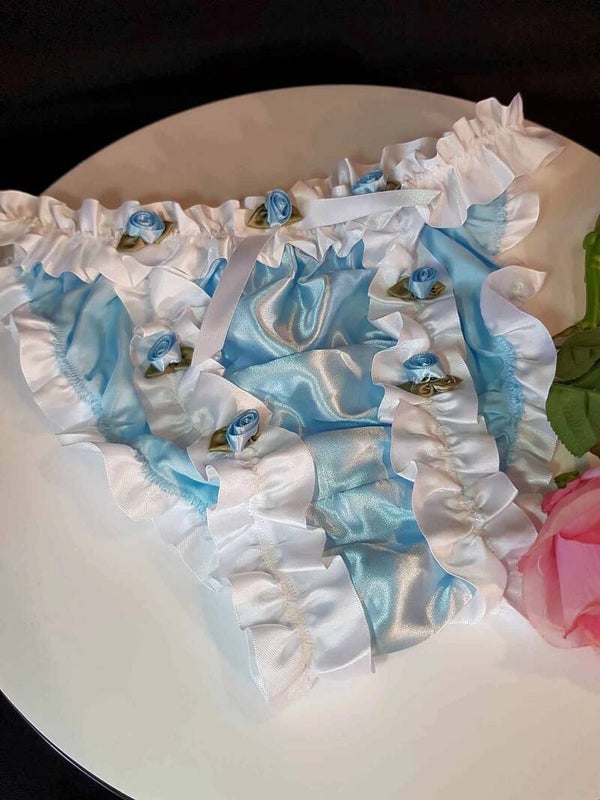 Blue satin tanga bikini baby blue and roses
