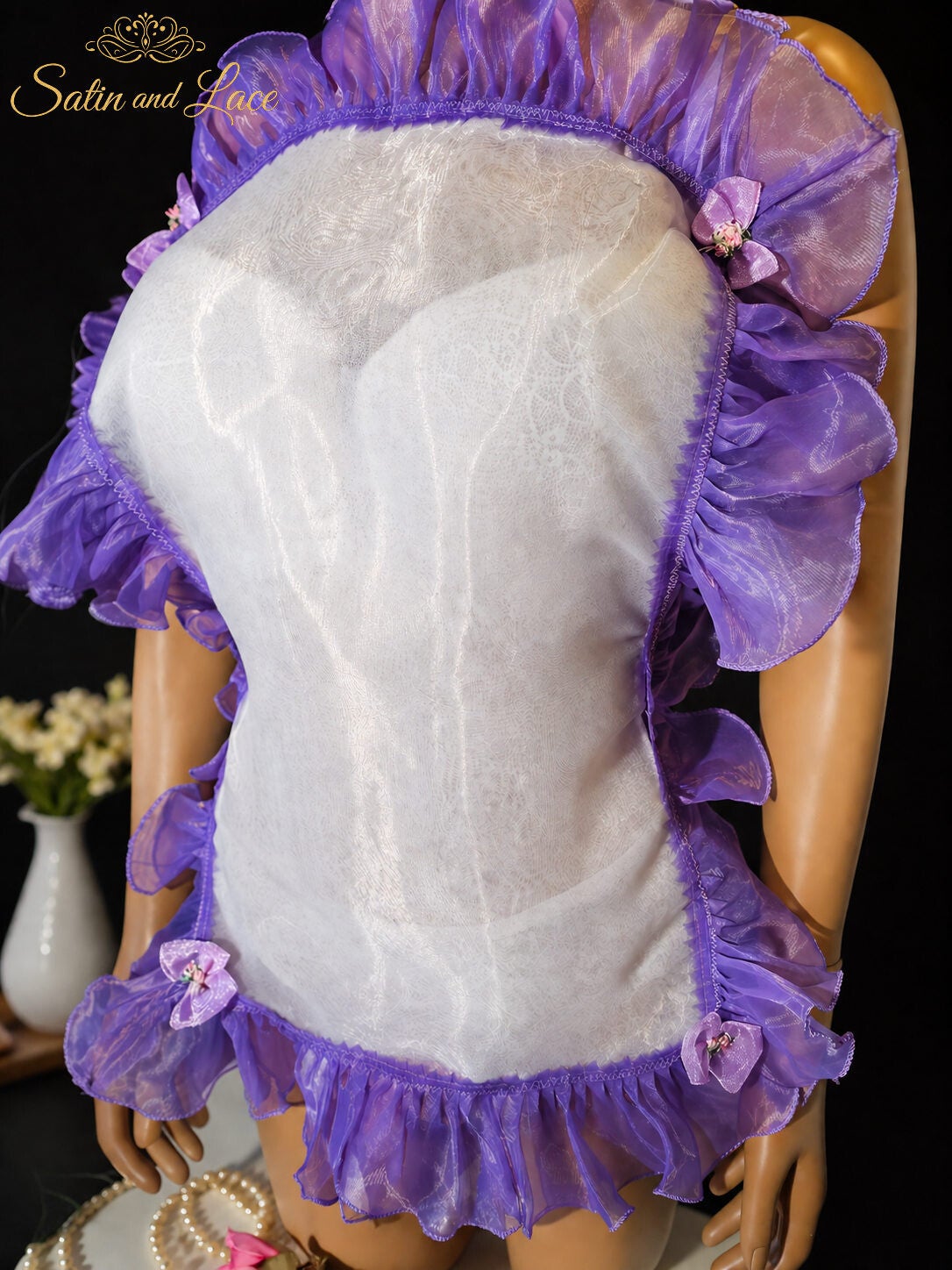 Adult baby sissy baby 4 layer ecru Nylon purple bib frilly apron