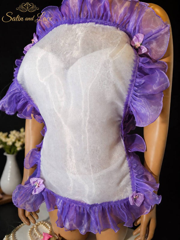 Adult baby sissy baby 4 layer ecru Nylon purple bib frilly apron