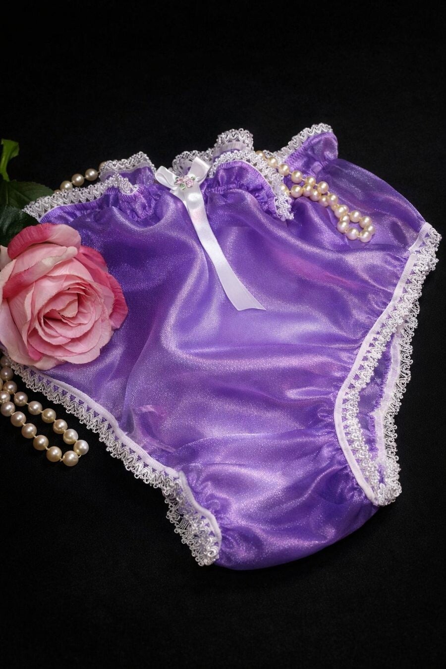 Luxury Purple Satin Panties – Glossy Lace Trim Lingerie for Men