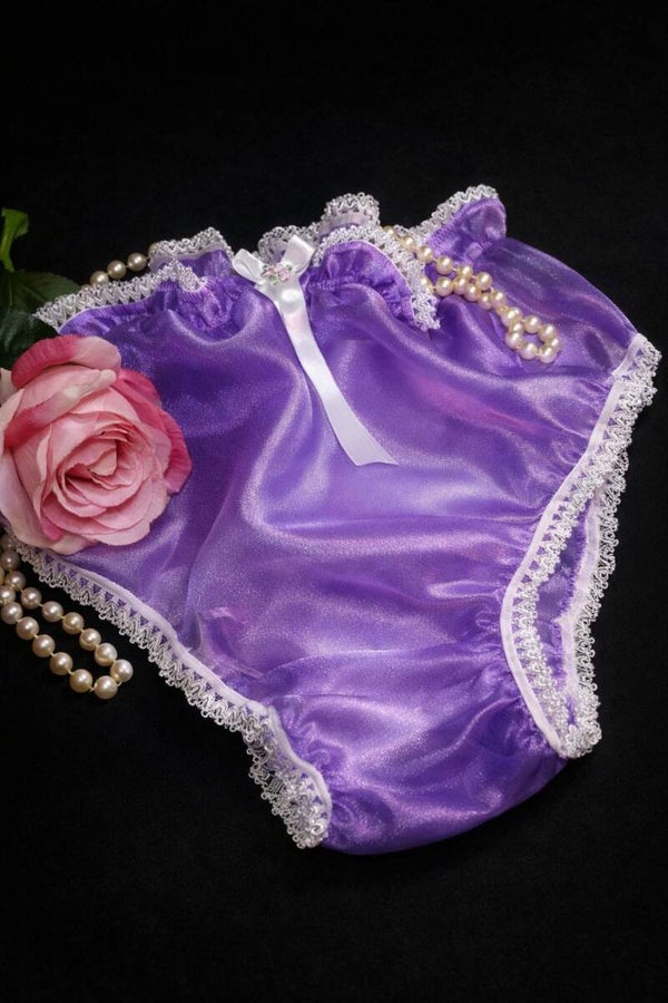 Luxury Purple Satin Panties – Glossy Lace Trim Lingerie for Men