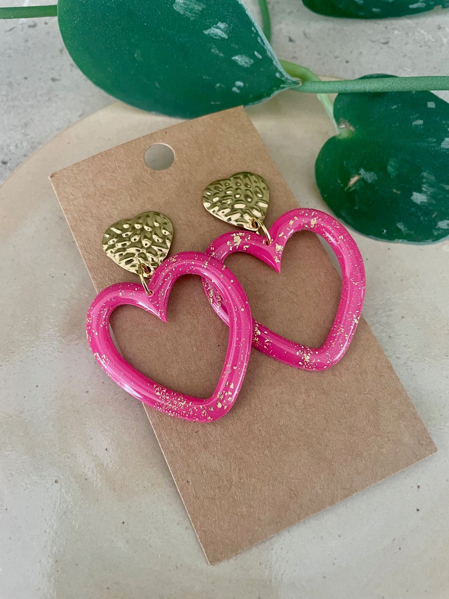Big Heart Earrings Pink Sparkling