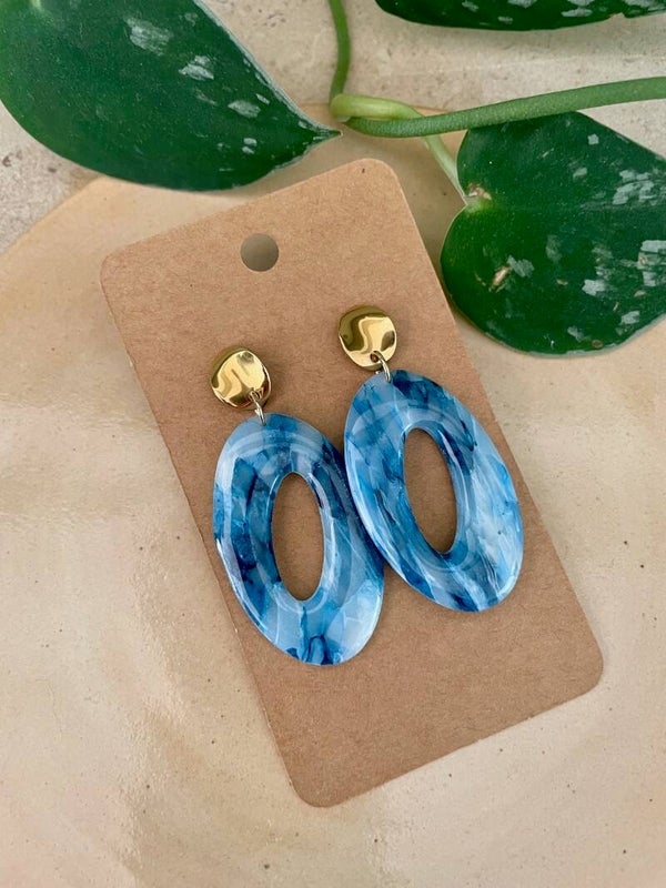 Oval Blue Marble Earrings