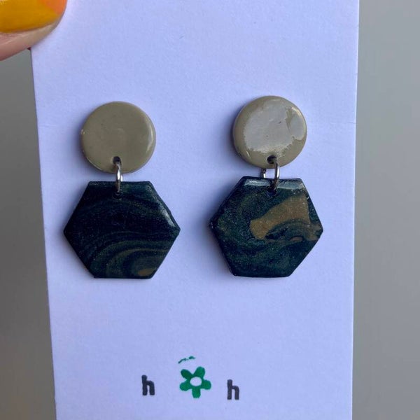 Black and Taupe Hexagon Earrings