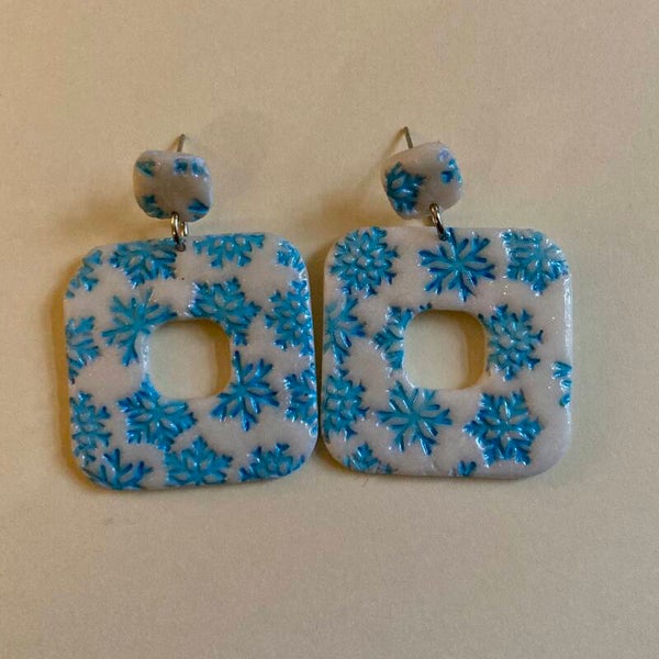 Sparkly Blue Snowflakes Square Earrings - Christmas