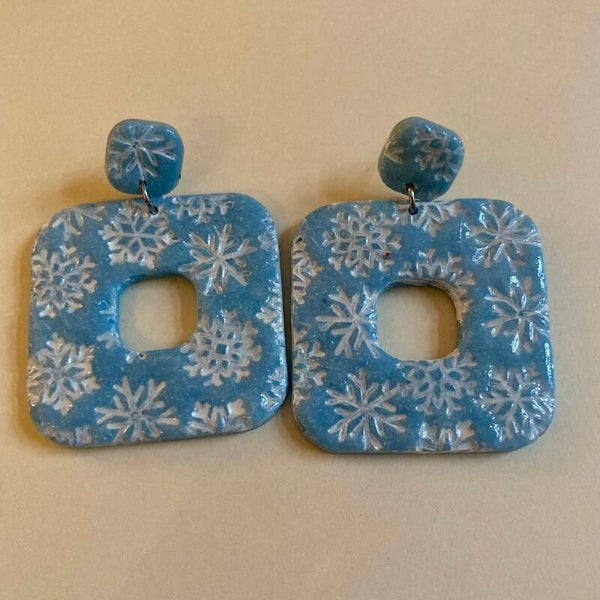 Sparkly White Snowflakes Square Earrings - Christmas