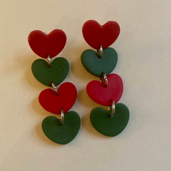 Green and Red Heart Drop Earrings - Christmas