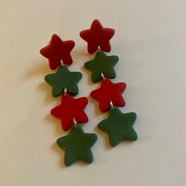 Green and Red Star Drop Earrings - Christmas