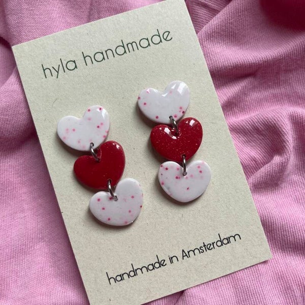 Red and White Heart Drop Earrings