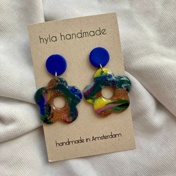 Cobalt Marble Flower Earrings