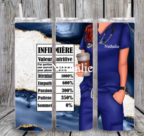 Gobelet  droit à fond plat en acier inoxydable 20oz ou gourde thermos à personnalisé infirmière bleu