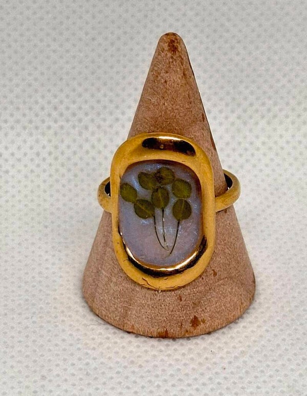 Ring goudkleurig gevuld met witte epoxy en droogbloem