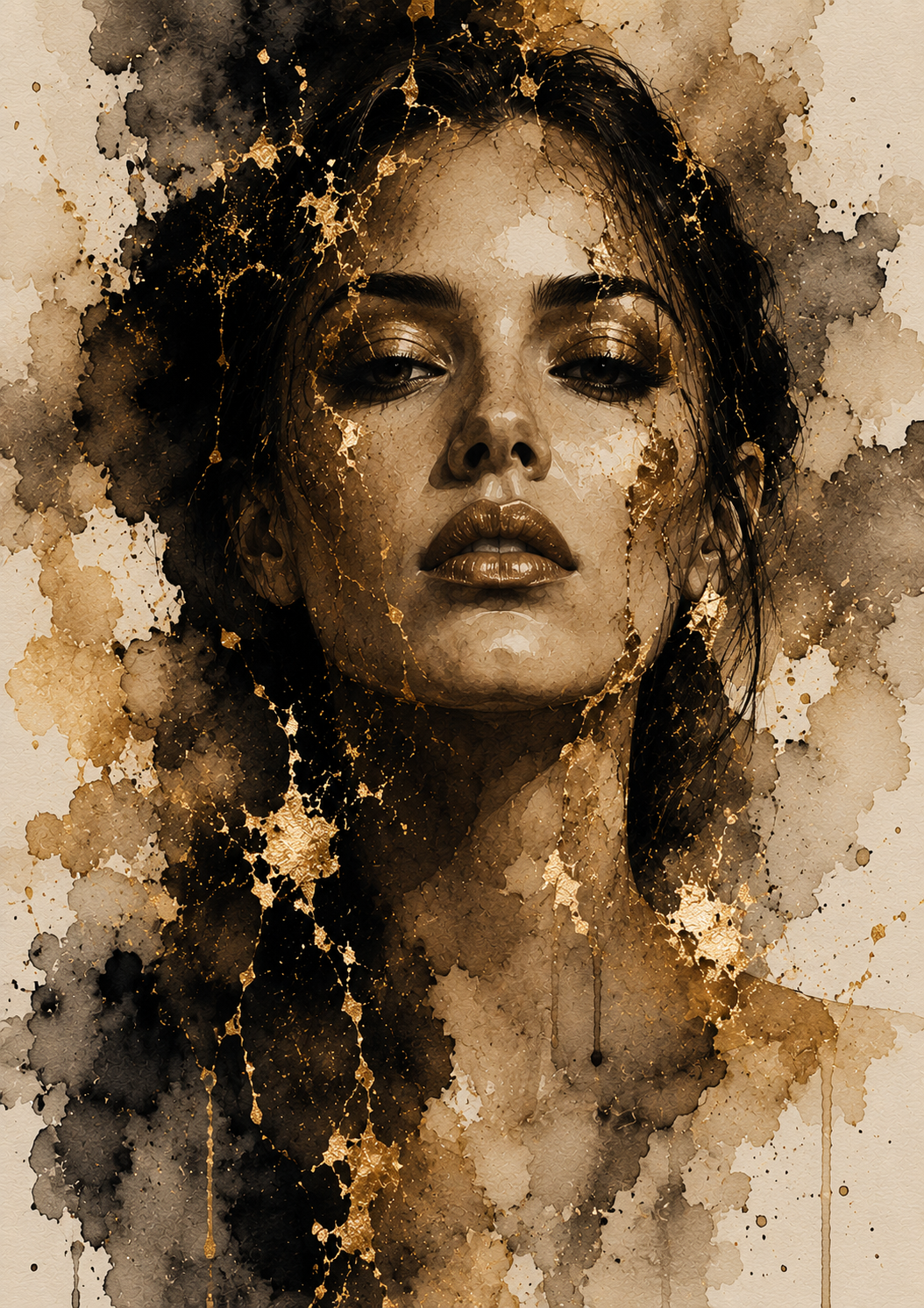 No.167.Golden Echoes III – Moderne Luxe Portret Kunstprint in Zwart en Goud