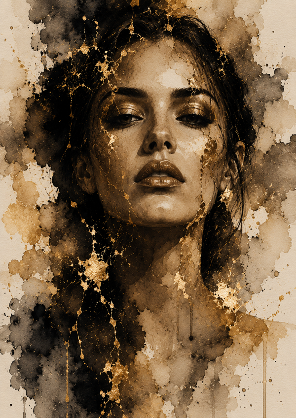 No.167.Golden Echoes III – Moderne Luxe Portret Kunstprint in Zwart en Goud