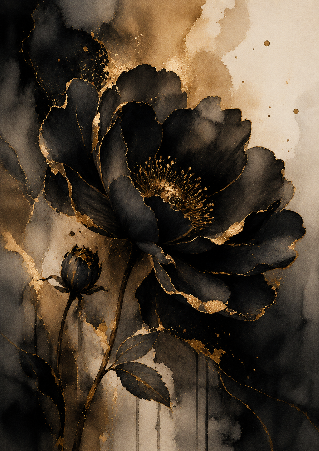 No.168.Golden Echoes – The Bloom | Luxe Bloemen Kunstprint in Zwart en Goud