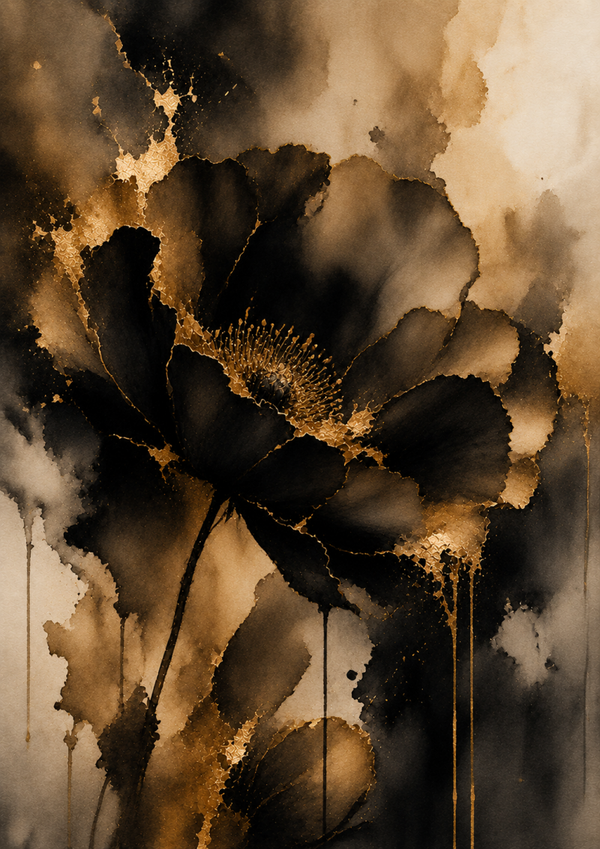 No.169.Golden Echoes II – Abstracte Luxe Bloem Kunstprint in Zwart en Goud