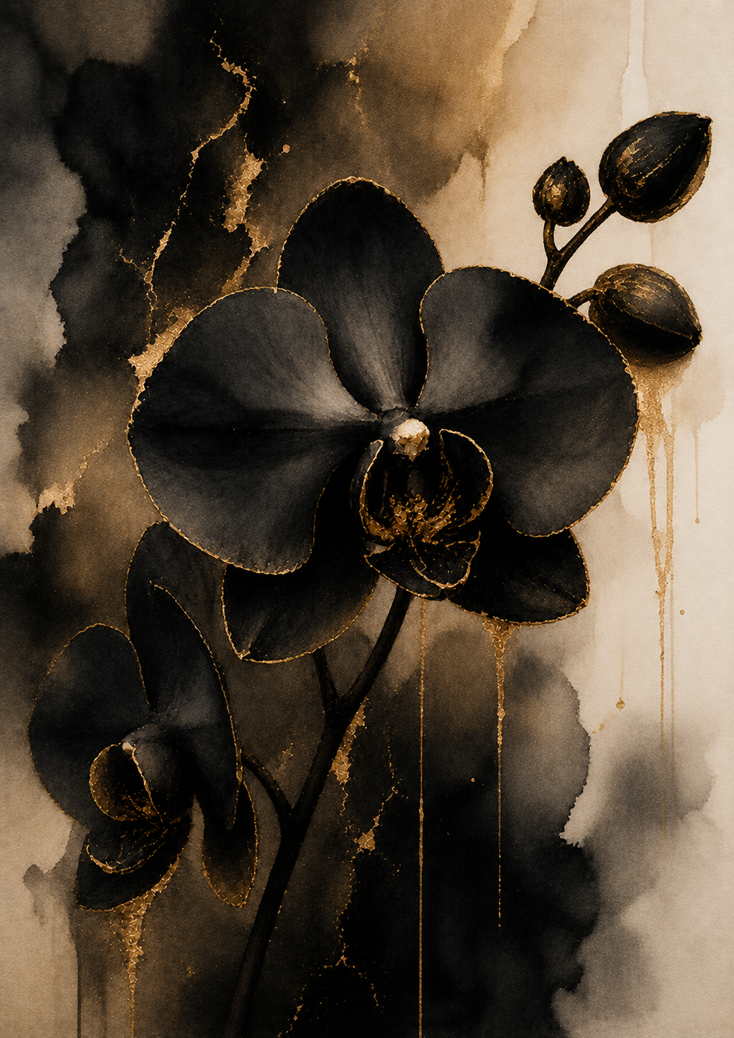 No.170.Golden Echoes III – The Orchid | Luxe Zwart Gouden Orchidee Kunstprint