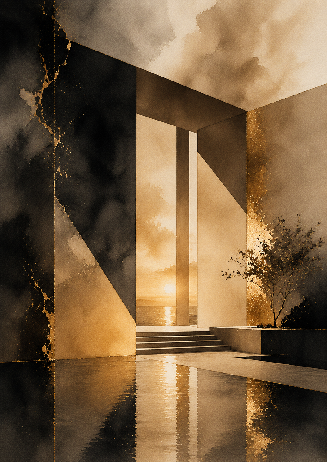 No.173.Golden Harmony III – Luxe Abstracte Zonsondergang Architectuur