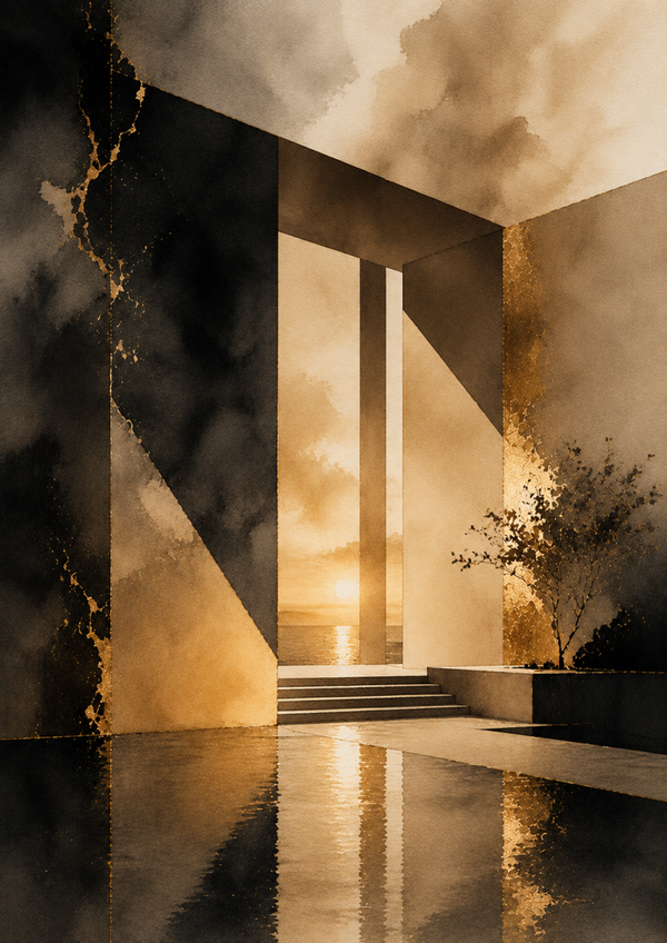 No.173.Golden Harmony III – Luxe Abstracte Zonsondergang Architectuur