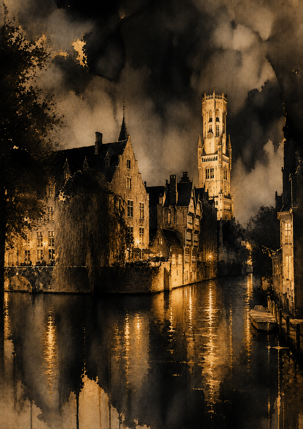 No.174.Brugge Nocturne I – Luxe Kunstprint van Brugge in Zwart en Goud