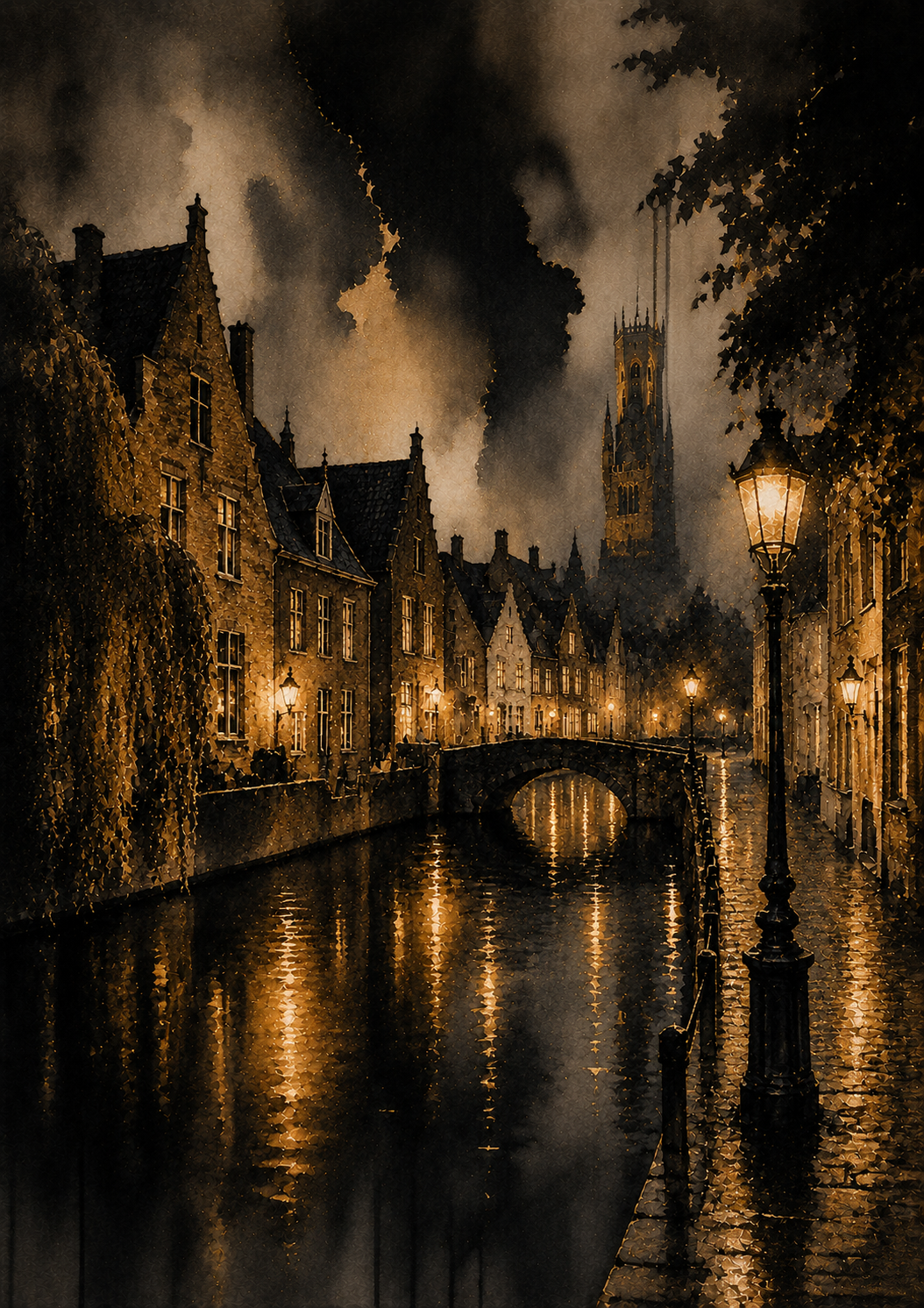 No.175.Brugge Nocturne II – Luxe Nachtzicht Kunstprint van Brugge