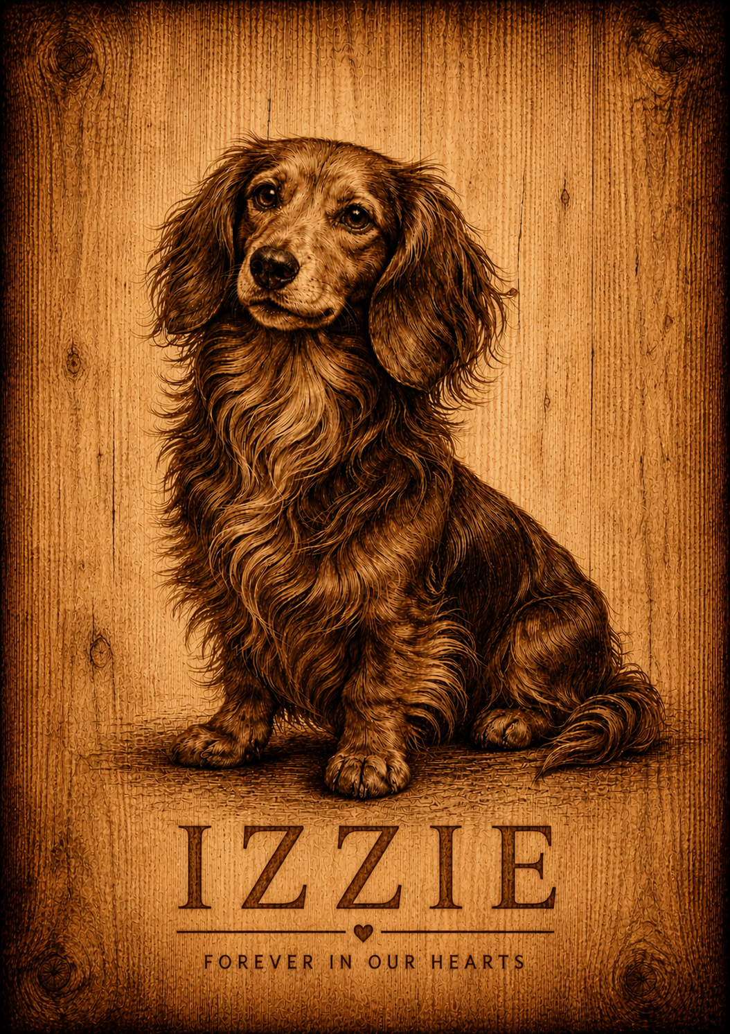 Gepersonaliseerde poster huisdier – Dierenportret in pyrografie stijl met naam en foto