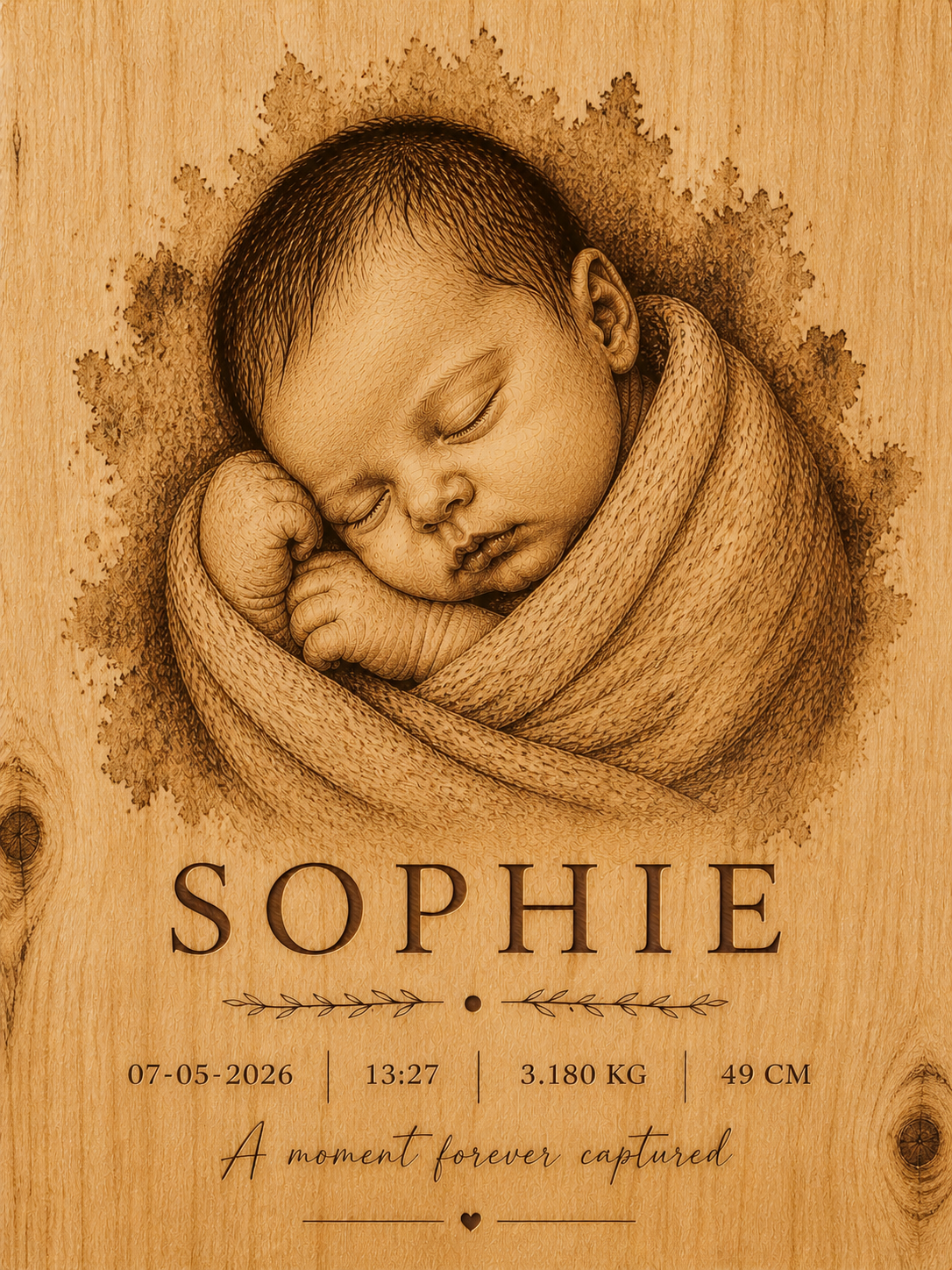 Gepersonaliseerde geboorteposter houtlook pyrografie
