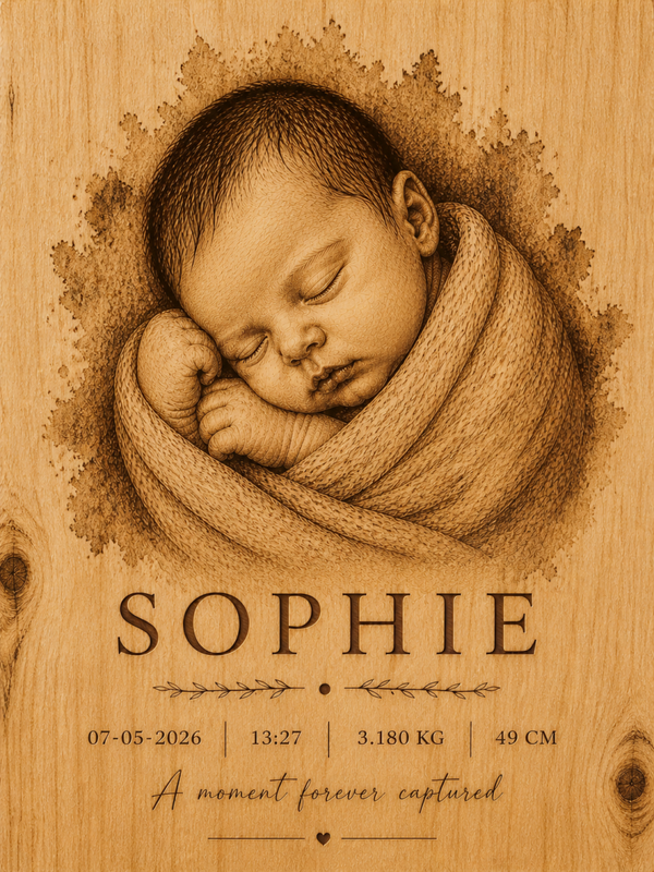 Gepersonaliseerde geboorteposter houtlook pyrografie