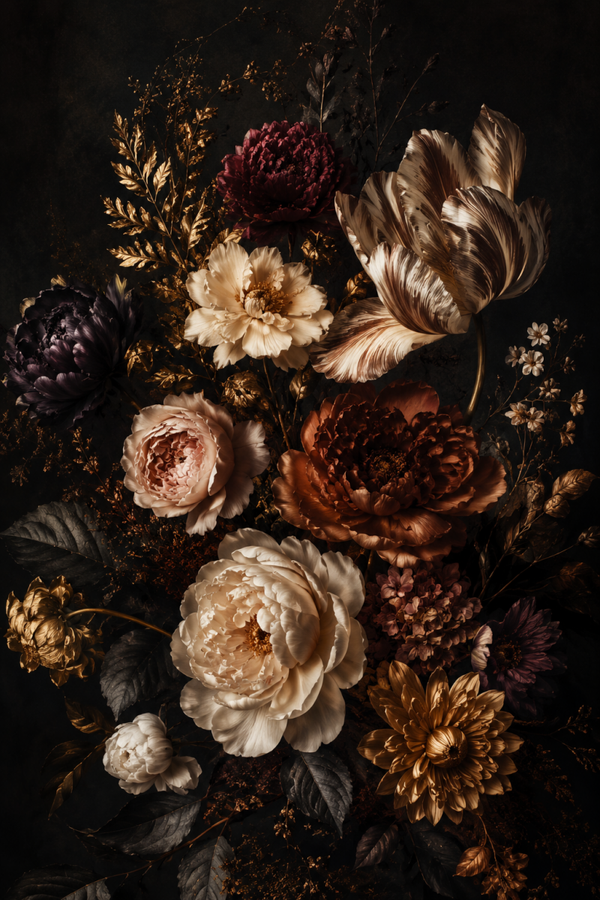 No.125.Donker Bloemen Canvas met Gouden Accenten